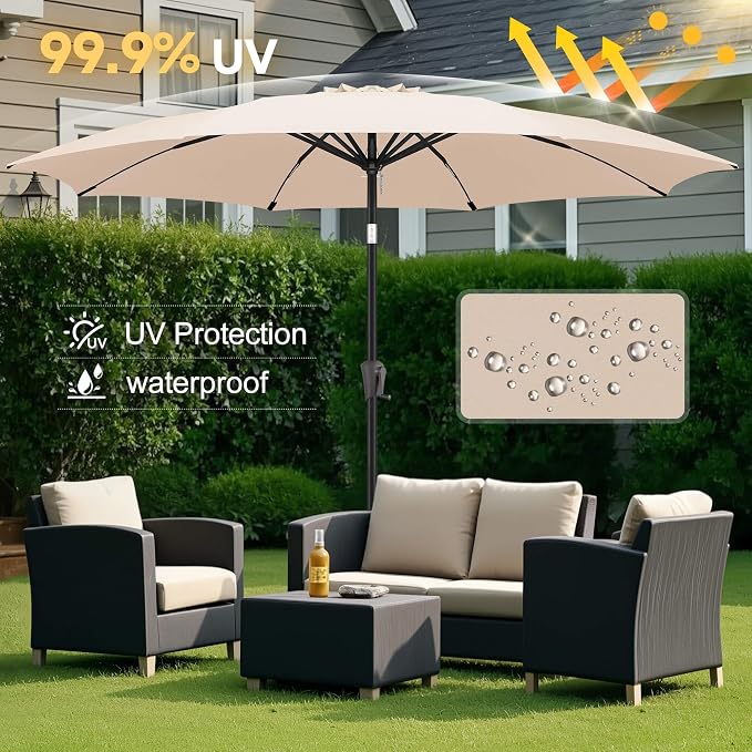 FLAME&SHADE 10 ft Outdoor Market Patio Table Umbrella with Fiberglass Rib Tips and Tilt, Beige
