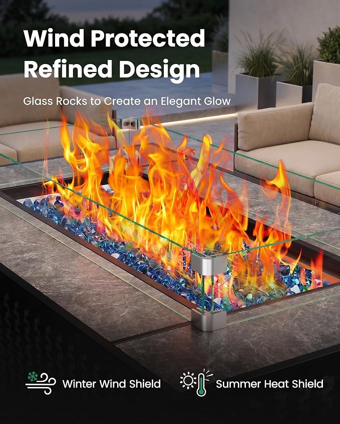 Ciays 43" Propane Fire Table, with Ceramic Top, Wind Guard, Lid, Glass Rock
