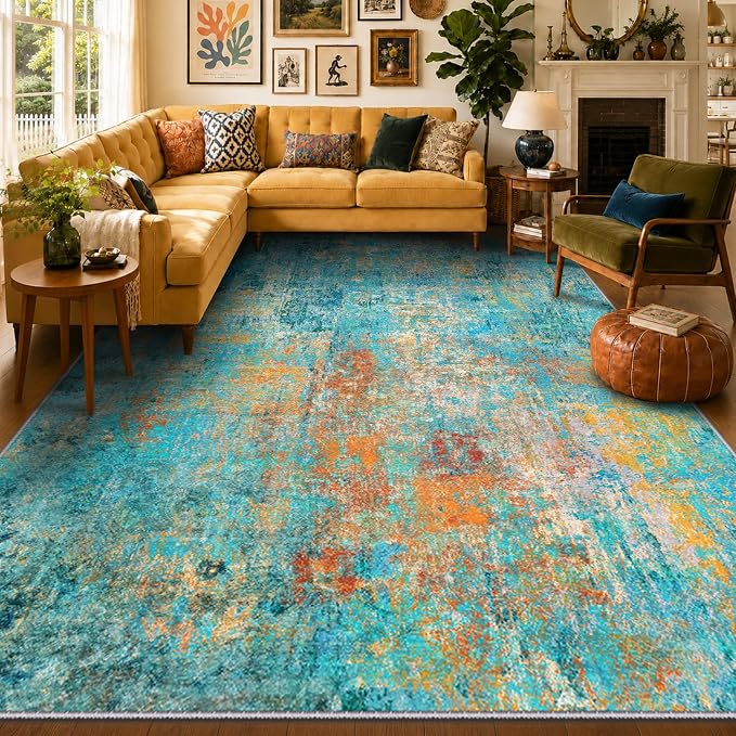 RELEANY Washable 9'x12' Abstract Area Rug for Living Room Teal Multi | Carpet for Bedroom, Kitchen, Office, Hallway and Entryway, Printed Pattern, Non‑Slip, Soft, Stain‑Resistant, Easy to Clean