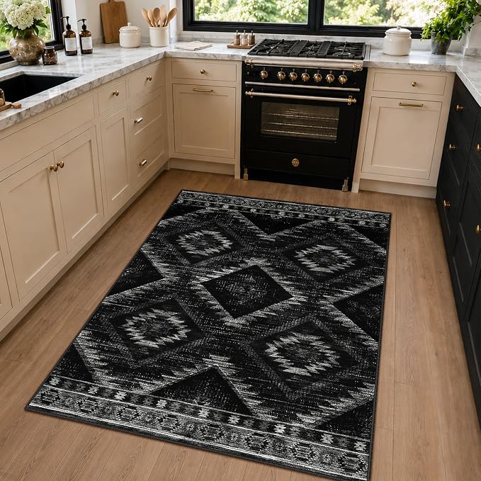 4'x6' Washable Area Rug for Living Room Bedroom Black | Soft Western No Slip Low Pile Print Foldable Indoor for Kitchen Dining Room