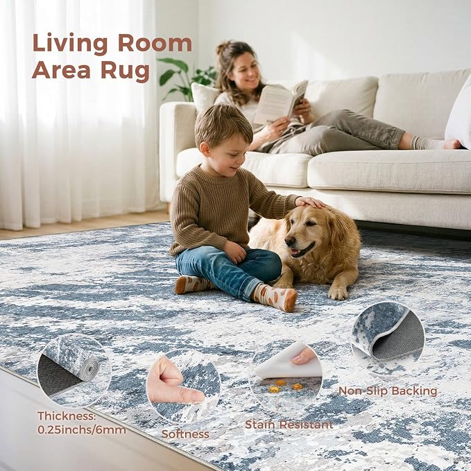 DMOYEST 7x9 Area Rug for Living Room Washable Abstract Indoor Carpet | Neutral Modern Low Pile Rugs Kid & Pet Friendly Large Soft Thin Carpet for Bedroom Dining Room and Office - Blue Light