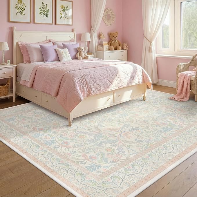 Washable Big 9x12 Floral Cute Rugs for Bedroom, Shabby Chic Large Oushak Area Rug for Living Room, Low Pile & Soft Carpet with Botanical and Wildflower Pattern (Pink and Blue)