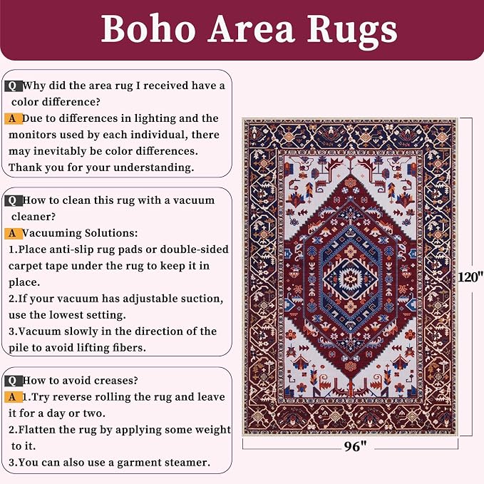 SERISSA 8x10 Washable Non Slip Boho Area Rug for Living Room | Ultra Soft Vintage Oriental Carpet Low-Pile Burgundy Navy Throw Carpet for Dining Room Bedroom Dorm Office Home Decor