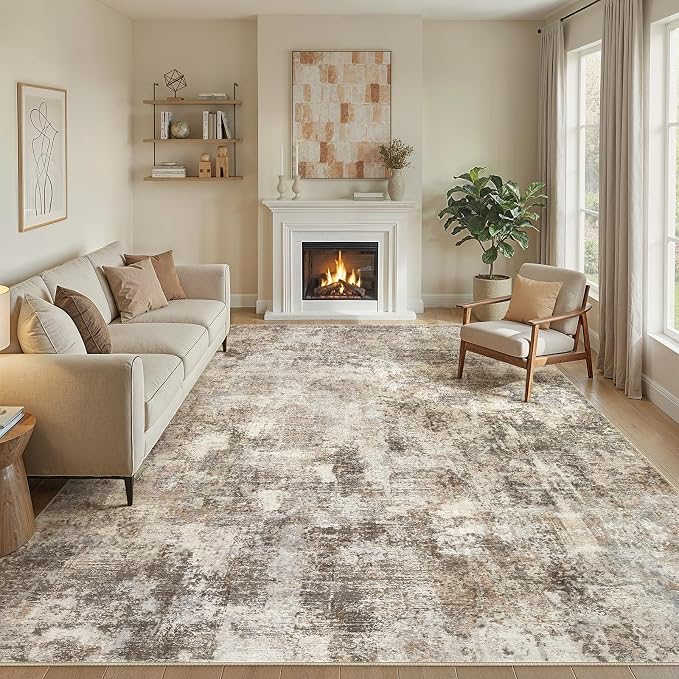 10x14 Area Rug Washable Abstract Rugs for Living Room Dark Brown | for Bedroom, Dining Room, Office, Nursery, Soft Neutral, Low Pile Non-Slip, Kid Pet Friendly, Large Indoor Carpet, Home Decor