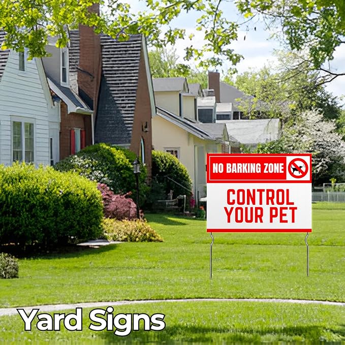 No Barking Zone – Control Your Pet! Yard Sign by DC | 24"x18" Double Sided Pets Garden Sign with 13” Metal Stakes | Outdoor Signs Waterproof for Lawn, Patio, Sidewalk & House | Set of 3 | Made in USA