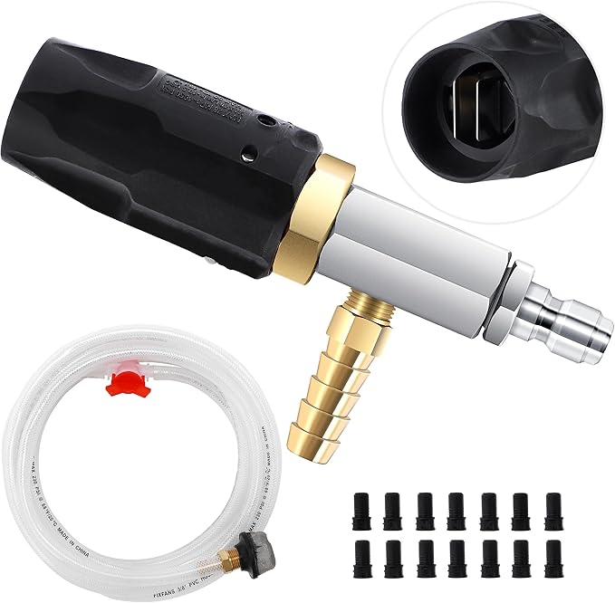 FIXFANS Adjustable Long Range Downstream Injection Nozzle Kit 4-4.5 GPM, 15FT Braid Hose, Pressure Washer Spray Nozzle, Power Washing External Chemical Injector, 1/4” Quick Connect, 2500 to 4000 PSI