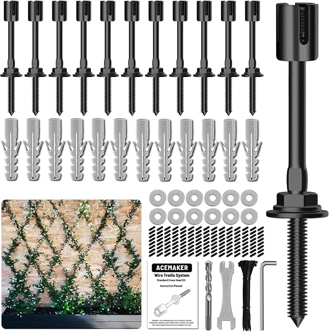 Wire Trellis Kit, 12-Set 5/64” PVD Black Crosshead Hubs | T316 marine grade stainless steel wire trellis system for outdoor climbing plants, wall and garden fence espalier system