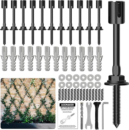 Wire Trellis Kit, 12-Set 5/64” PVD Black Crosshead Hubs | T316 marine grade stainless steel wire trellis system for outdoor climbing plants, wall and garden fence espalier system