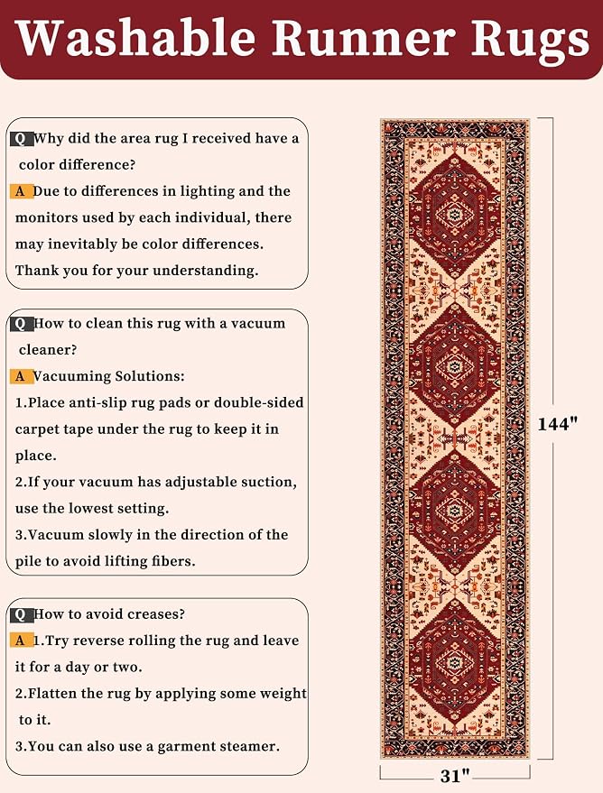 SERISSA 2'6"x12' Washable Non Slip Boho Runner Rug for Hallway，Red Black | Ultra Soft Vintage Oriental Carpet Low-Pile Tribal Floor Carpet for Kitchen Bedroom Entryway Bathroom Laundry Room
