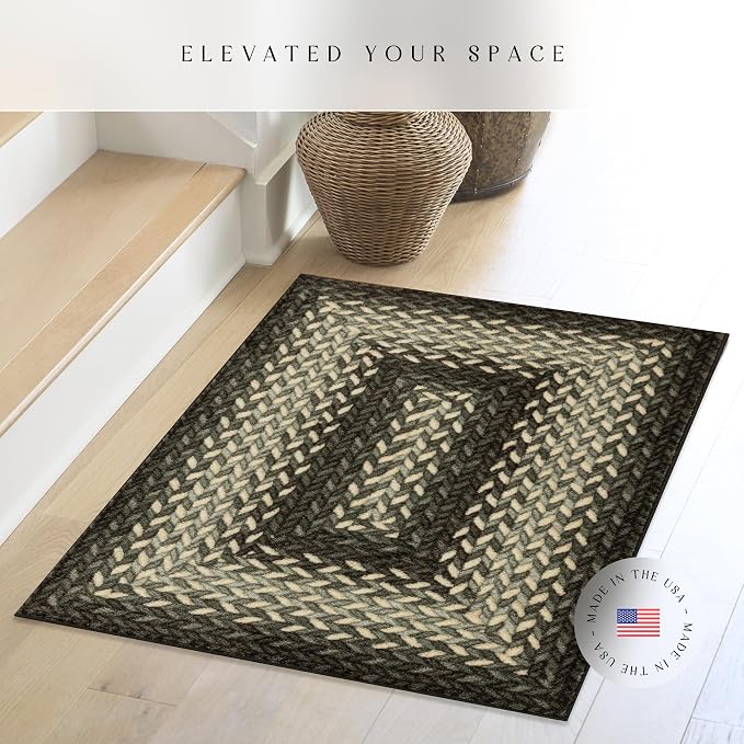 Maples Rugs Marion Bohemian Braided-Style Print Area Rug – Made in USA – Washable, Non-Slip Low-Profile Small Indoor Rug for Entryway & Kitchen, 46" x 30", Black