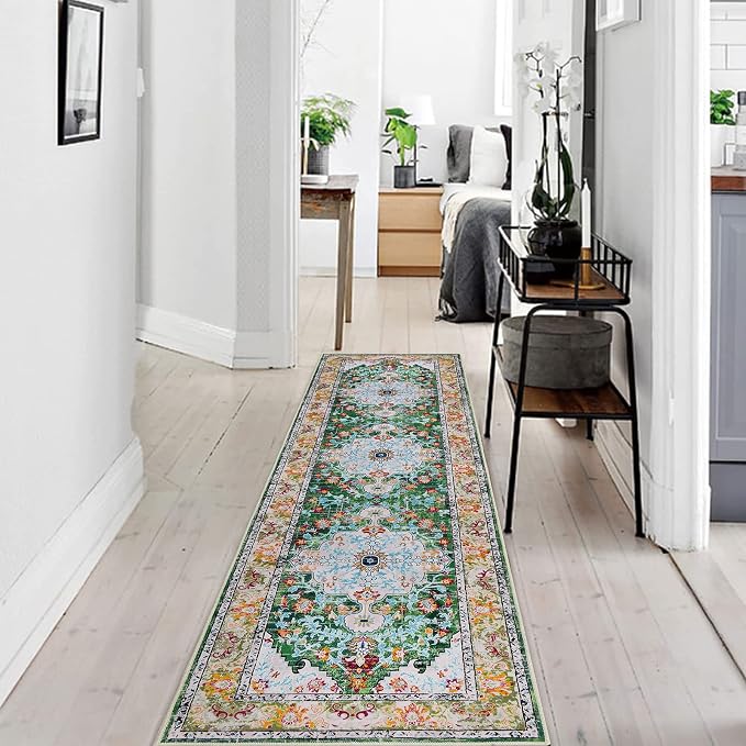 U'Artlines 2' x 8' Boho Hallway Runner Rug Non Slip Washable Runners,Green | Vintage Farmhouse Kitchen Rug Accent Area Carpet for Entryway Laundry and Living Room