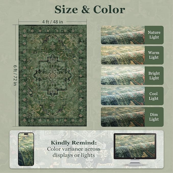 Tranditional Dark Green 4x6 Area Rugs for Living Room, Washable Non Slip Bedroom Bedside Throw Rugs, Vintage Distressed Medallion Printed Low Pile Soft Carpet for Entryway/Home Office/Kitchen