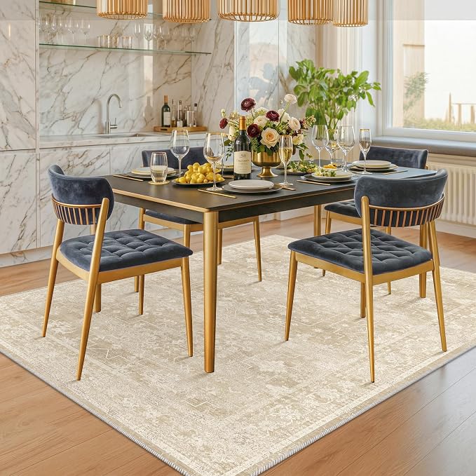 Washable 5x7 Creamy Beige and Yellow Area Rug for Bedroom, Dining Room Table, Baby Nursery, Kids Room Playroom, Shabby Chic Neutral Distressed Geometric Large Rug, Stain Resistant Low Pile Non-Slip