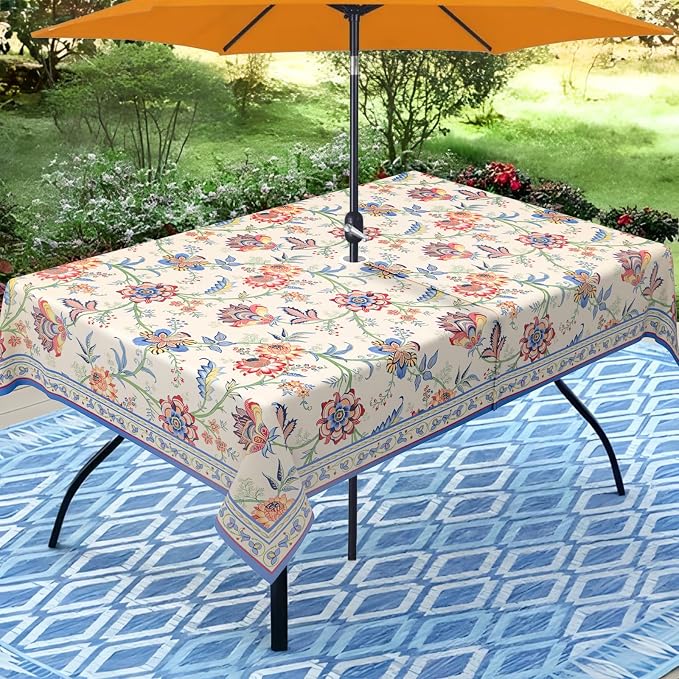 Vintage Flowers Outdoor Tablecloth with Umbrella Hole 60" x 102" Waterproof Zipper Table Cloth for Garden - Ideal Patio Table Cover for Picnics, Camping, and Yard Use