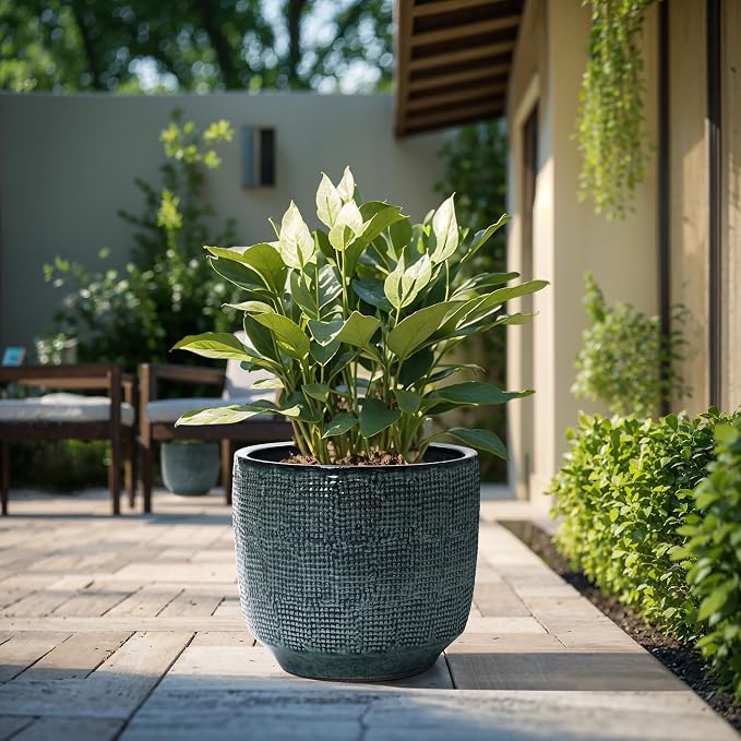 LuxenHome 15.75" Dia Large Ceramic Pots for Plants, Modern Green Glazed Planters for Outdoor Plants, Round Indoor Flower Pots with Drainage Hole and Rubber Plug for Home Garden Patio