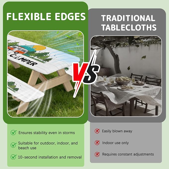 Picnic Table Cover with Bench Covers Elastic Edges, 3 Pcs Forest Fitted Table Cover with Drawstring Bag, Waterproof Windproof Aesthetic Camping Tablecloth, Outdoor Camping Essentials 72 Inch
