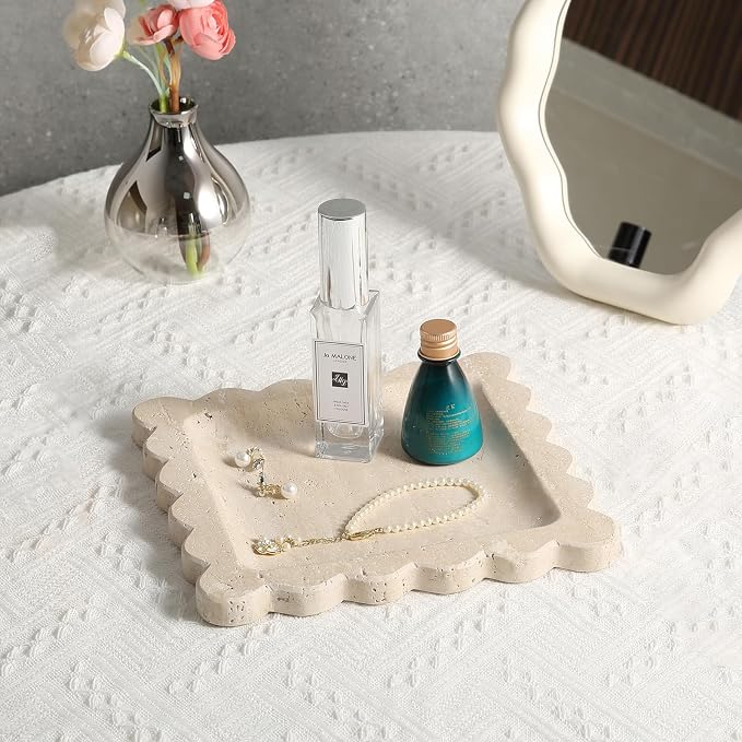 Travertine Decorative Tray, 7.8in Marble Scallop Edge Tray, Square Bathroom Trays for Jewelry Perfume, Vanity, Coffee Table, Beige Stone Trinket Dish for Woman, Dresser Décor Gift