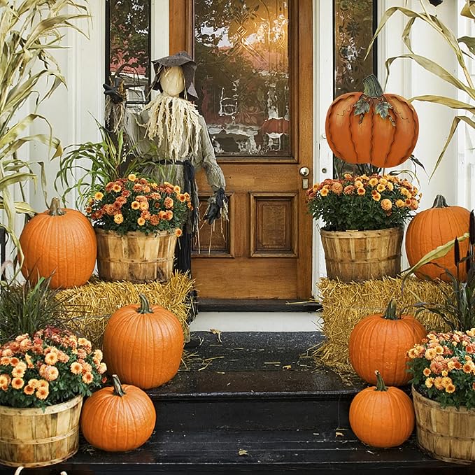 K KILIPES 2set Metal Pumpkin Garden Stake Outdoor Fall Decorations Autumn Pumpkins Yard Sign Lawn Decor Decorative for Fall Harvest Thanksgiving Halloween Outside Patio Porch Decor