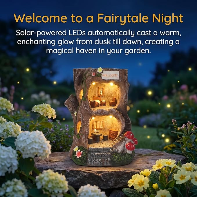 Solar Light Gnome Fairy Garden House for Outside, Big Size Fairy Miniature Buildings Accessories House Sculptures for Outdoor Garden Patio Lawn Path Decorations, 8" Tall