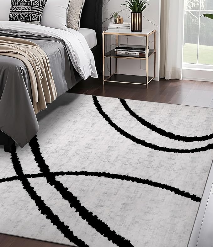 Modern Area Rugs for Bedroom,5x7 Washable Black and White Rug, Thin Abstract Geometric Minimalist Striped Rug, Black Rugs for Bedroom,Kitchen,Dining Room Office