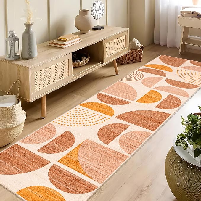 Boho Runner Rug Washable 2x8 Area Rugs Non Slip Modern Abstract | Long Throw Carpet for Hallways Kitchen Bedroom Entryway Bathroom Laundry Soft Low Pile Floor Indoor Bohemian Orange