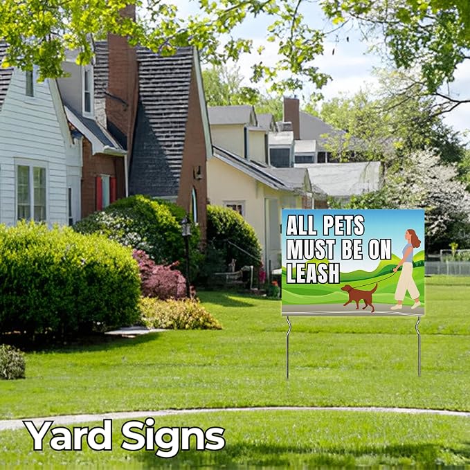 All Pets must be on leash Yard Sign by DC | 24"x18" Double Sided Pets Garden Sign with 13” Metal Stakes | Outdoor Signs Waterproof for Lawn, Patio, Sidewalk & House | Set of 5 | Made in USA