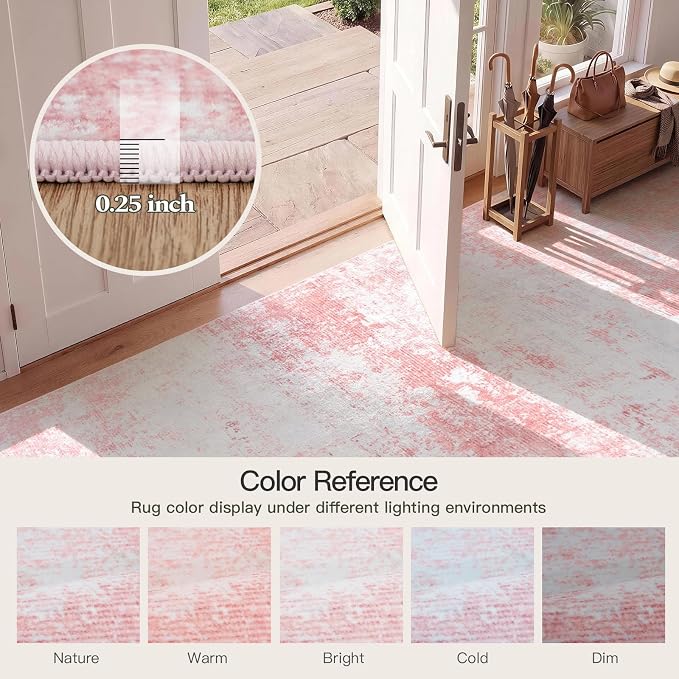 8x10 Area Rug for Living Room, Abstract Washable Large Rugs,Dusty Pink | Neutral Carpet for Bedroom, Dining Room, Home Office Nursery Indoor, Stain Resistant, Low Pile, Non-Shedding Modern Rug