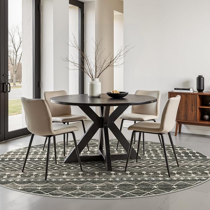 Miukiki Round Rugs 6ft for Living Room Moroccan Washable Circle Rug Black | Non Slip Indoor Floor Carpet Foldable Area Rug for Dining Room with Low Pile 6ft