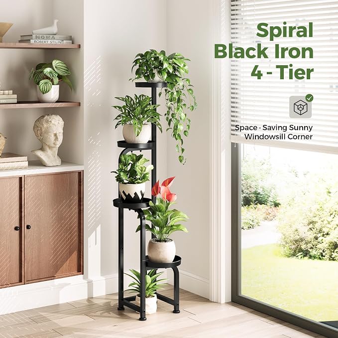 Bamworld Tall Plant Stand Indoor Outdoor, Corner Metal Flower Pot Stands for Multiple Plants, 4 Tier Heavy Duty Plant Shelf for Patio Garden Balcony Living Room Bedroom(Patent Design)
