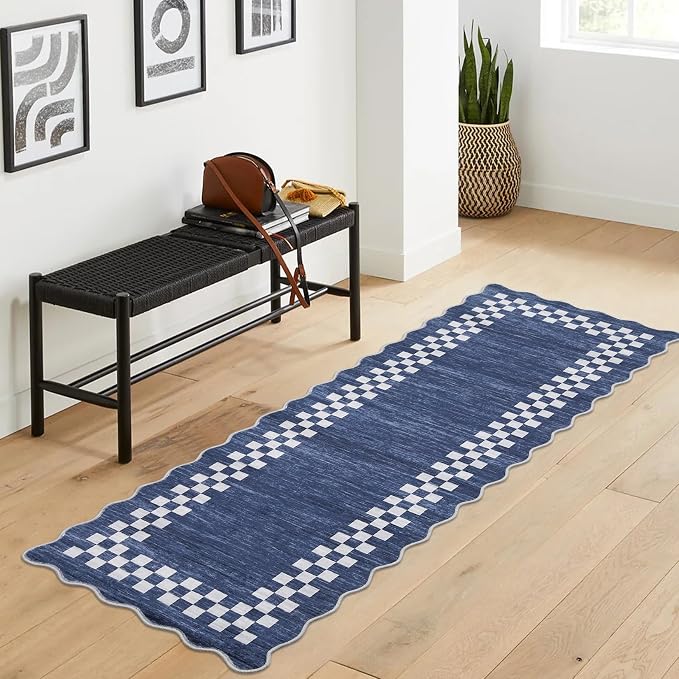 GarveeHome Hallway Runner Rug 2x6 Scalloped Washable Rug for Kitchen Entry | Non Slip Stain Resistant Modern Border Throw Floor Carpet Long Runner Mat for Bathroom Living Room Bedside, Blue