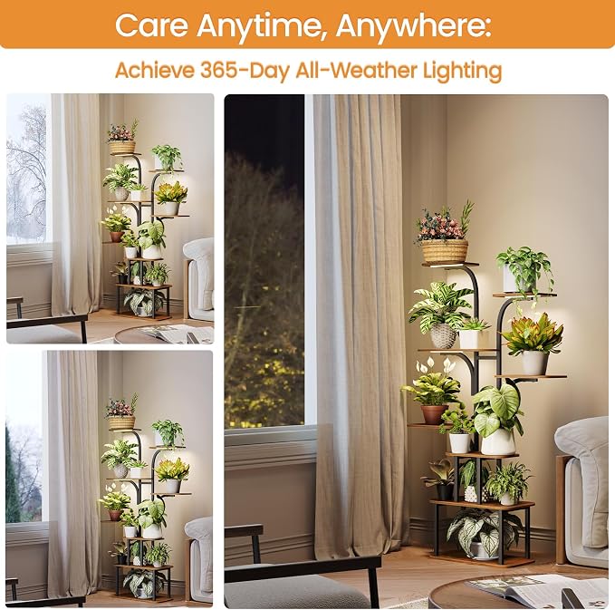 Tall Plant Stand with Grow Lights – 8 Tier 63" Metal and Wooden Indoor Flower Shelf Rack, Adjustable Large Corner Organizer for Living Room or Home Gardening Display