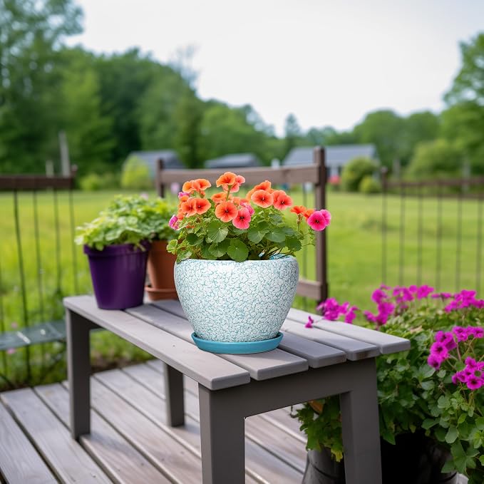 Ceramic Plant Pots, 8 Inch, Crackle Blue | Indoor Plant Pots, Drainage Hole and Tray, Decorative Round Planters, For Outdoor Plants