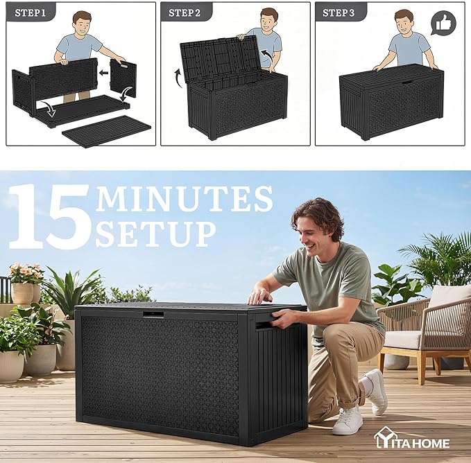 YITAHOME 95 Gallon Outdoor Storage Deck Box, Waterproof Resin Deck Box w/Handles, Lockable Outdside Deck Box for Patio Furniture, Garden Tools, Lockable & UV Resistant(Black)