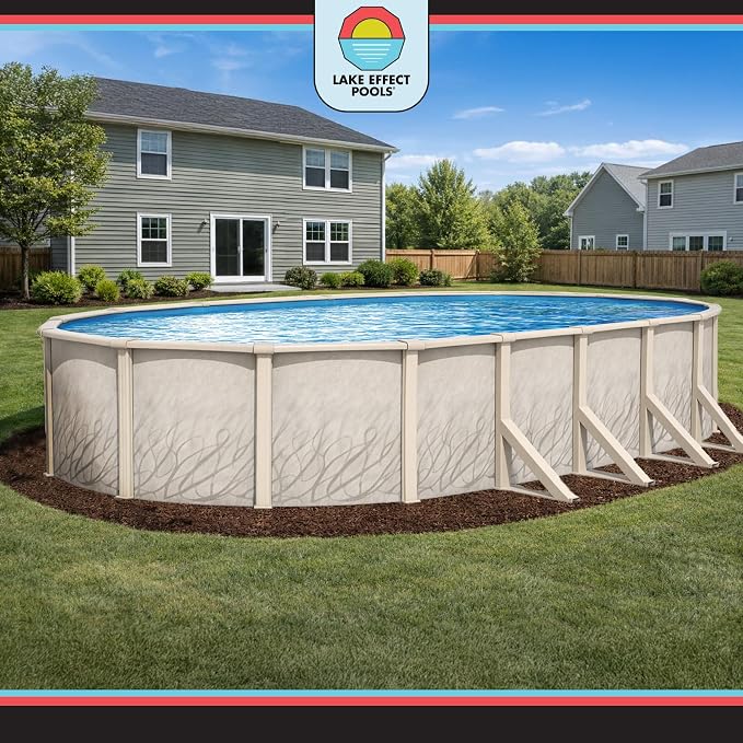 Lake Effect Pools 'Meadows' 18 ft x 33 ft Oval Above Ground Swimming Pool | 52 Inch Steel Side Walls | Kit Includes: 25 Gauge Overlap Liner & Widemouth Skimmer