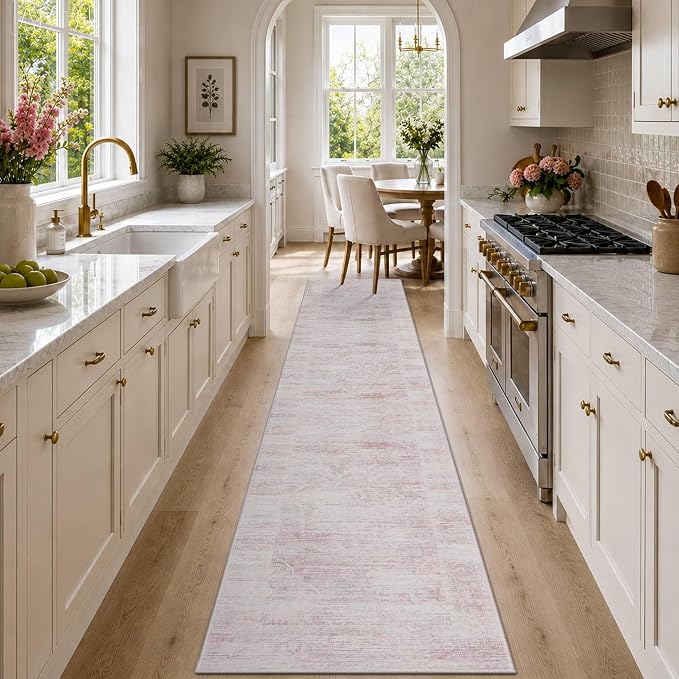 Latte&Fog Hallway Runner Rug 2x10 Non Slip Washable Pink Rugs for Kitchen | Low Pile Soft Cute Throw Rug Doormat for Entrance Bathroom Laundry Bedside Bedroom Nursery Playroom Hallyway Dorm Office