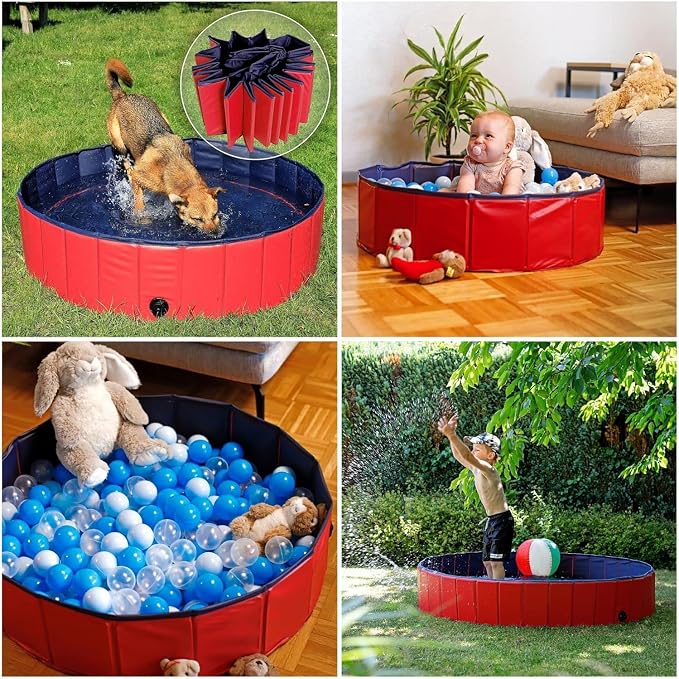 lionto Foldable Dog Pool Made of Scratch-Resistant PVC Material, Ø 62,9 in, Height 11,8 in, Anti-Slip Coating & Drain Plug for Quick Emptying, no Pump Required, Robust Children's Pool, Blue/red