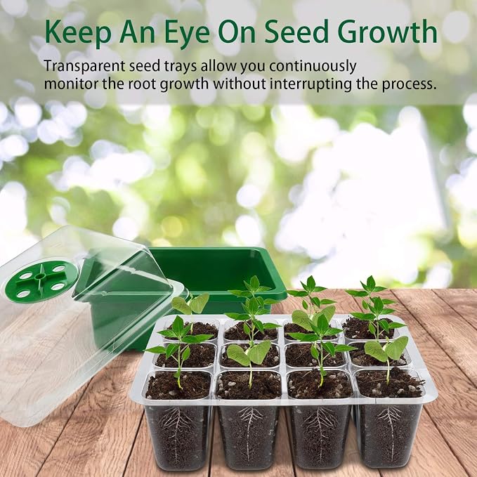UWIOFF Seed Starter Tray, 12-Pack 144 Cells Seedling Starter Trays, Humidity Adjustable Seed Tray Kit with Dome and Base Greenhouse Grow Trays Mini Propagator for Seeds Growing Starting