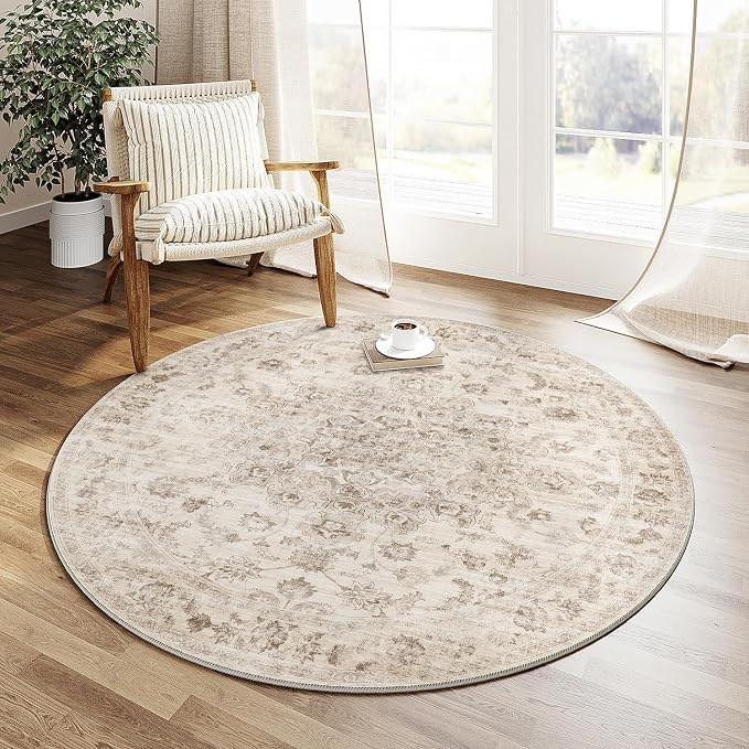 4x4 Beige Neutral Round Rug | Washable, Non Slip, Soft Low Pile, Vintage Farmhouse, for Dining Room Office Entryway Living Room Bedroom Indoor Home Decor