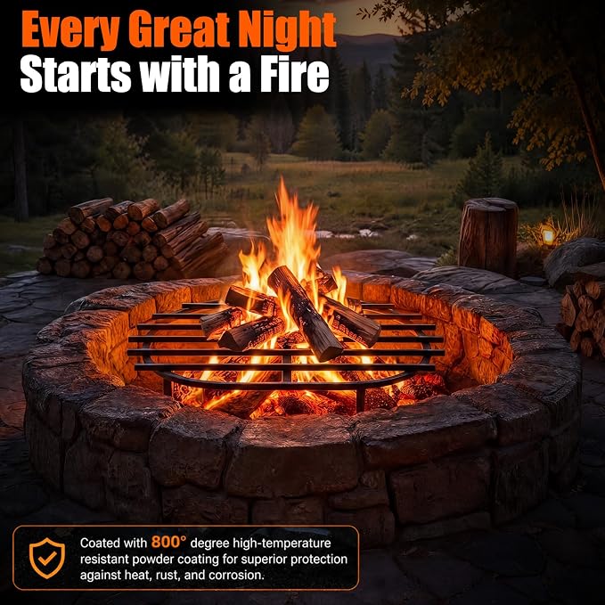 30 Inch Fire Pit Grate Round Heavy-Duty Solid Steel Fire Pit Grate with Elevated Legs, Multi-Functional Log Holder for Fireplace Outdoor Camping, Backyard Barbecue, Cooking