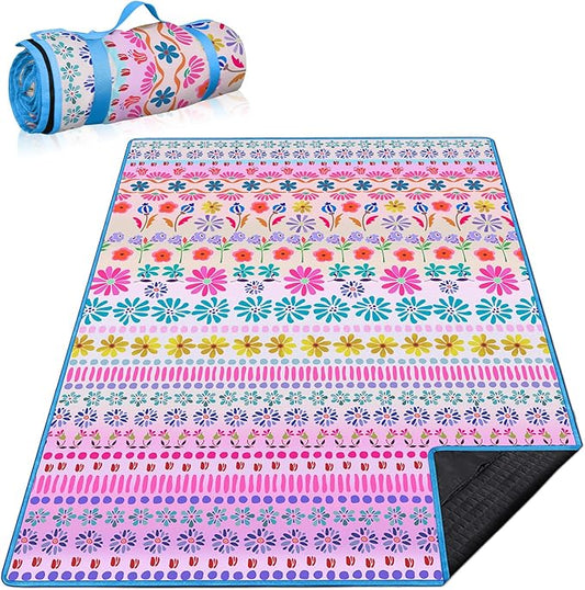 Floral Picnic Blankets Waterproof Foldable, 80″X80″ Extra Large Picnic Mat Boho Outdoor Blanket for Grass, Cute Packable Beach Blanket Sandproof Picnic Accessories for Camping Music Festival Park Lawn