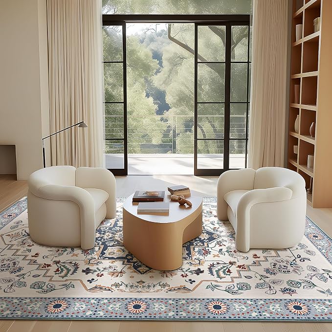 Phantoscope Washable Area Rug 4'x6' Non-Slip, Vintage Boho Rugs for Living Room, Bedroom, Dining Room, Persian Floral Medallion Pattern, Low-Pile Foldable Floor Carpet, Ivory Blue/Garden Bloom