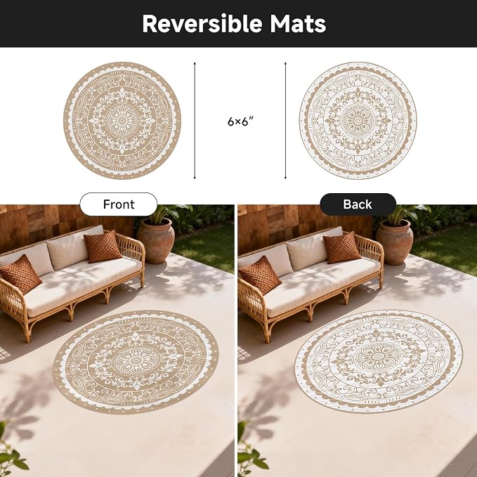 Pauwer Waterproof Outdoor Rug 6ft, Reversible Plastic Straw Patio Camping Rug, Indoor Outdoor RV Mat Carpet for Deck, Camper, Porch, Balcony, Backyard, Picnic, Paisley Brown