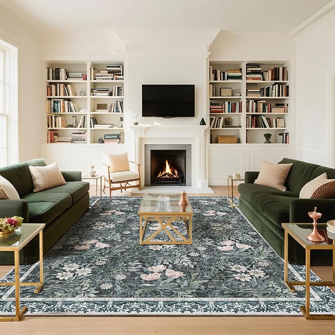 Washable 9x12 Area Rug - Light Green Vintage Floral with Ornate Border, Soft Low Pile Carpet for Living Room, Dining Room Under Table, Bedroom Non-Slip, Stain Resistant & Durable