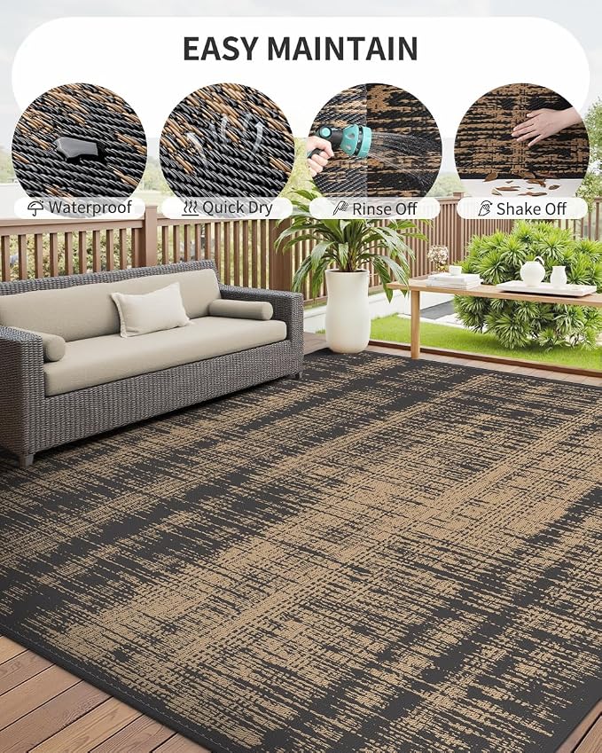 MontVoo Outdoor Rug Waterproof 8x10 ft Outdoor Carpet Patio Rug Mat Reversible RV Camping Rug Plastic Straw Outside Rug for Balcony Porch Deck Picnic Beach Modern Black Brown