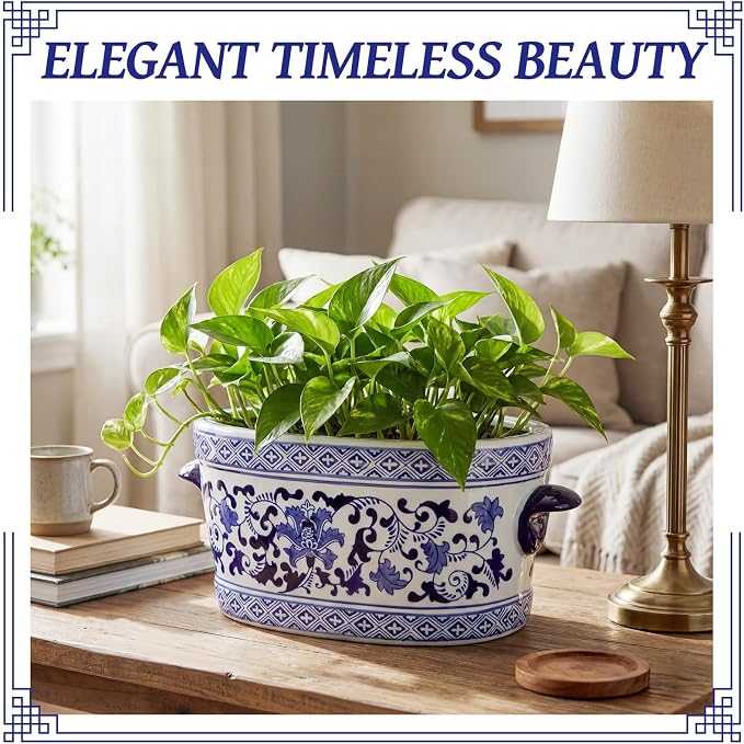 LemonRoad Blue and White Ceramic Planter Pot 14 x 7.7 x 6.1 inches Porcelain Vintage Floral Oval Cachepot Vase Chinoiserie Decor for Indoor Plants Flowers Succulents Home Living Room(Elegant Style)