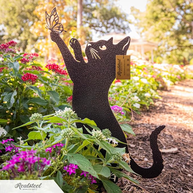 RealSteel I 3 Pack Steel Cat Garden Decor I Outdoor Yard Decorations I Gift for Cat Lovers I Lawn Ornaments and Statues I Garden Signs Decorative Outdoor - Textured Silver