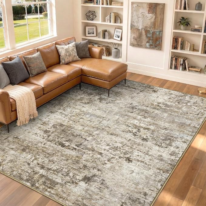 5x7 Area Rugs Washable Living Room Rug Non Slip Soft Carpets | Modern Abstract Indoor Floor Stain Resistant Carpet for Bedroom Dining Room Farmhouse Nursery Home Office Brown