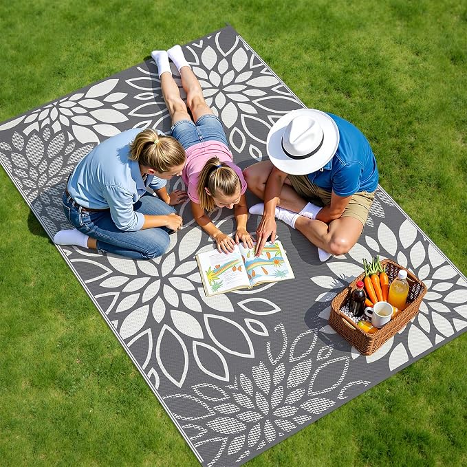 HEBE Waterproof Outdoor Rug 5x8 for Patios, Floral Reversible Plastic Straw Rug Patio Mat, Indoor Outdoor Carpet RV Mat Camping Rug for Deck, Camper, Porch, Balcony, Backyard, Picnic