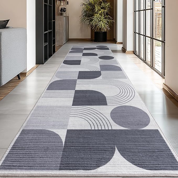 Soft Modern Geometric Abstract Machine Washable 2x6 Runner Rug | Grey Rugs for Bedroom Living Room, Non-Shedding Faux Wool Indoor Throw Floor Carpet for Office Entryway Dining Room Decor