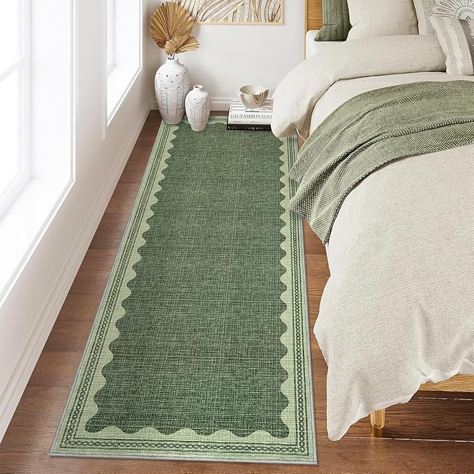 2x6 Scalloped Runners Green Washable Hallways Bedroom Rug | Solid Non Slip Scalloped Bath Runner, Rugs for Bedroom Girls, Rugs for Kitchen Floor Soft Dorm Nursery Carpet for Bedside